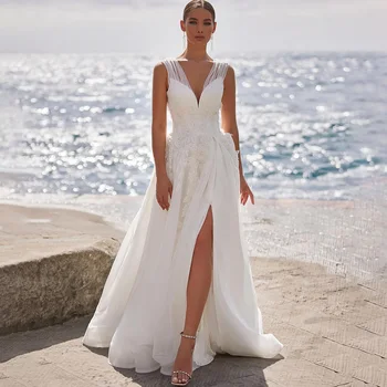 Сексуальное свадебное платье POMUSE с V-образным вырезом, трапециевидная складка, длина до пола, аппликации, свадебное платье невесты, сшитое на заказ, Vestido De Novia для женщин