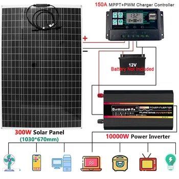 Система питания 110 В / 220 В, инвертор мощностью 12000 Вт, 10000 Вт, Солнечная панель мощностью 300 Вт, контроллер заряда 150А, комплект для аварийной выработки электроэнергии 12 В 220 В