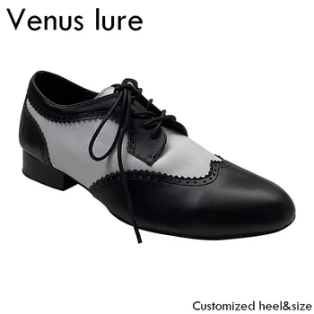 Стандартная танцевальная мужская обувь Venus Lure, черно-белая кожа, кубинский каблук 1 дюйм