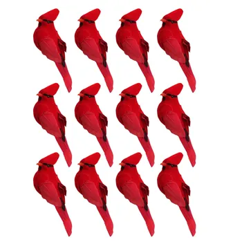 12 шт. искусственных красных кардиналов на клипсах, Рождественские украшения, Рождественская птица с перьями 0