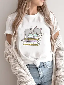Cat Sweet Love, Милая женская модная летняя футболка с коротким рукавом, футболки с графическим принтом, футболка с героями мультфильмов, женская футболка