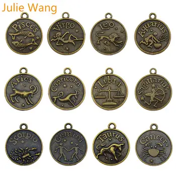 Julie Wang 12ШТ Смешанные подвески с 12 созвездиями и зодиакальным узором из античного бронзового сплава, ожерелье, браслет, аксессуар для изготовления ювелирных изделий