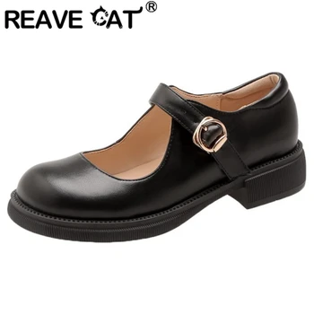 REAVE CAT / 2022 Женская обувь-лодочки С Круглым Носком На среднем Каблуке С ремешком и пряжкой, Однотонная, Большие Размеры 33-43, Черный, Белый, Повседневная, Весенняя S3050
