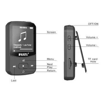 RUIZU X52 Спортивный Bluetooth MP3-Плеер С Зажимом 8 ГБ 16 ГБ Мини-Музыкальный Видеоплеер Поддержка FM-Рекордера Шагомер Электронная книга TF SD-Карта 5