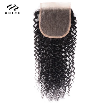 UNice Hair Kinky Curly 4X4 Кружевная застежка Свободная часть 100% Человеческие волосы натурального цвета, Швейцарская кружевная застежка 14-20 дюймов