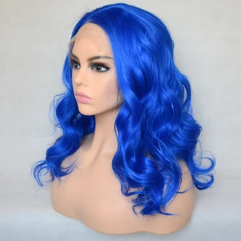 Voguequeen Сапфирово-синий Свободный вьющийся синтетический парик на кружеве высокой плотности для косплея для женщин 1