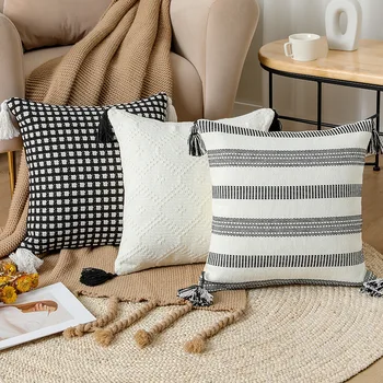 Белая Черная льняная наволочка из шелка, современная простая марокканская Декоративная наволочка для дивана 45x45 см, наволочка для домашнего декора 1