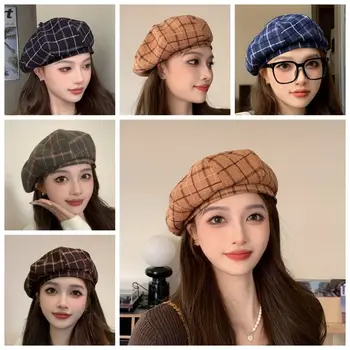 Берет в клетку в стиле харадзюку, хлопковая восьмиугольная шляпа в винтажном уличном стиле, Шерстяная женская шляпа художника в корейском стиле для девочек