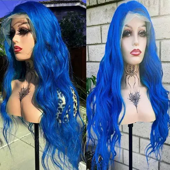 Бомбический Синий Цвет Свободная Волна Синтетические Парики На Кружеве 13X4 Бесклеевые Высококачественные Термостойкие Волокнистые Волосы Для Модных Женщин 4