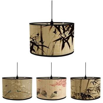 Винтажный барабанный абажур, бамбуковый абажур с принтом, подвесной светильник, крышка для держателя лампы E27 (шнур и лампочка в комплект не входят)