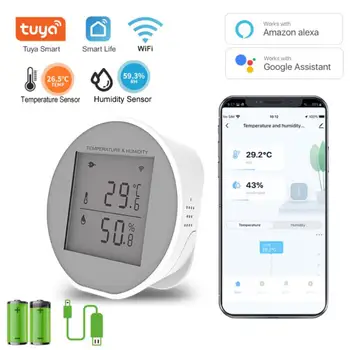 Датчик температуры и влажности Tuya Smart WIFI, внутренний гигрометр, термометр, детектор с ЖК-дисплеем, поддержка питания от USB