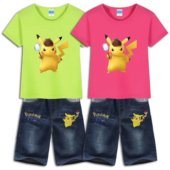 Детская одежда с Пикачу для мальчиков и девочек, футболка с мультяшным принтом, Комплект Топ с короткими рукавами + джинсовые брюки, Лучший подарок