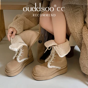 Дизайнерский бренд ODS, женские зимние ботинки до середины икры, платформа, танкетка, высокие каблуки, зимние теплые плюшевые короткие пинетки из флока, милая обувь