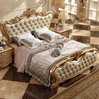 Европейская двуспальная Золотая свадебная кровать с шампанским, французская роскошная 1,8-метровая резная кровать Piyi Villa 0