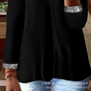 Женская футболка, Весенний Модный Пуловер с пайетками, футболка, Женская Повседневная Свободная футболка с V-образным вырезом и длинным рукавом 3