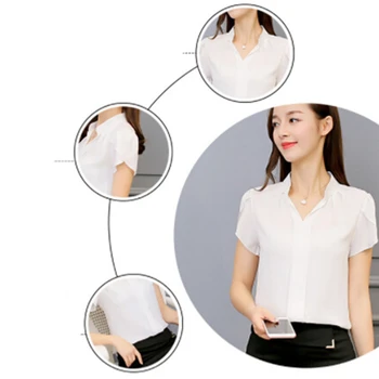 Женская шифоновая блузка, женские топы с коротким рукавом, Элегантные женские Официальные офисные блузки, плюс Размер 3XL, шифоновая одежда, рубашка 5