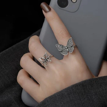 Женское открытое кольцо с бабочкой из винтажного сплава, открывающиеся Регулируемые серебряные кольца с бабочкой на палец, ювелирные изделия в стиле хип-хоп панк, подарки