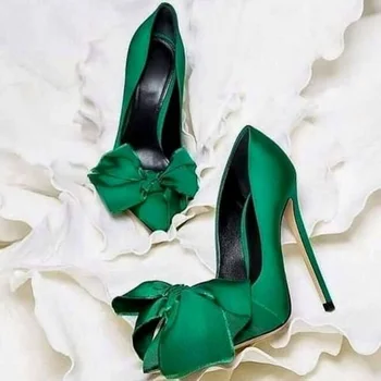 Зеленые атласные туфли на высоком каблуке с острым носком и бантом, без шнуровки, с узлом в виде бабочки, Туфли на шпильке на высоком каблуке для празднования 12 см, 10 см, 8 см 0