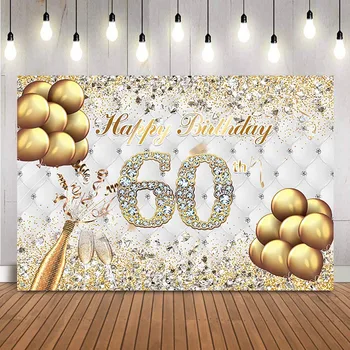 Золотой блестящий фон для дня рождения, Бриллианты, золотые шарики, Шампанское, украшение для вечеринки по случаю 60-летия, тема для взрослых, фон для дня рождения 0