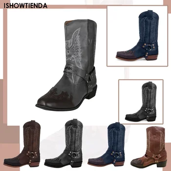 Ковбойские сапоги; Черно-коричневая зимняя обувь из искусственной кожи в стиле ретро; Мужские и женские ботинки с вышивкой в западном стиле; Обувь унисекс большого размера; Botas 0