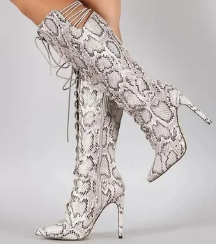Кожаные сапоги до колена на шнуровке со змеиным принтом, женские сапоги на тонком каблуке со шнуровкой с острым носком, зимние высокие ботинки, Размер 42