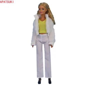Комплект одежды из белого меха для куклы Барби, модное пальто, желтая футболка, штаны для куклы Barbie 1/6, аксессуары для кукол BJD, детские игрушки своими руками 0