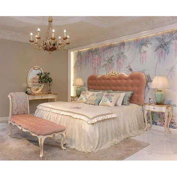 Королевская роскошная классическая розовая итальянская бархатная ткань с обивкой king size, полный комплект мебели для спальни 0