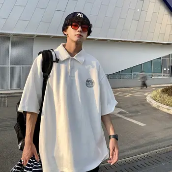Летняя мужская рубашка поло с американской вышивкой и короткими рукавами в гонконгском стиле, свободные рубашки японского модного бренда в стиле ретро с короткими рукавами 1