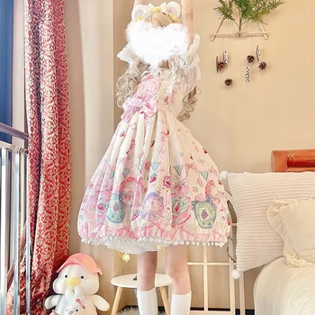 Милое платье принцессы с Мультяшным принтом в стиле Лолиты, Женское платье с милым бантом, Кружевные Вечерние платья на бретелях, Девчачьи Мини-платья Harajuku Kawaii Y2k 0