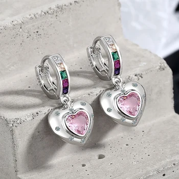 Милые/романтические серьги-кольца с розовым сердечком из хрусталя KOFSAC для женщин, ювелирные изделия из серебра 925 пробы, подарки для девочек, серьги-радуги из цветного циркона