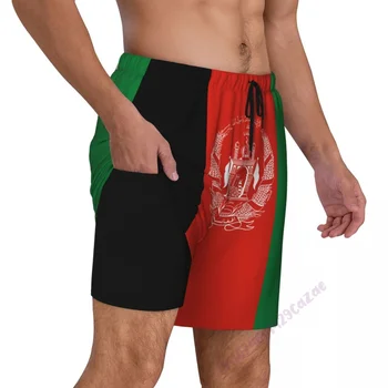 Мужские плавки с 3D рисунком флага Афганистана и компрессионной подкладкой 2 в 1, быстросохнущие летние шорты для плавания с карманами 0