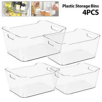 Новые Пластиковые ящики для хранения 4 шт., Прозрачная коробка для хранения, 4 размера, шкаф-органайзер, набор коробок с ручкой, Органайзер для холодильника, пластик