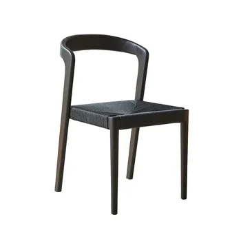 Обеденный стул из массива дерева, черная плетеная веревочная спинка в скандинавском стиле в стиле ретро, средневековый стул, простой, современный и повседневный