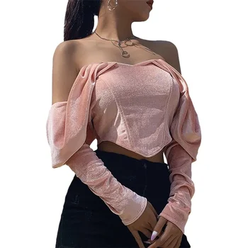 Осенняя женская Розовая футболка с открытыми плечами 2021 года, Сексуальный Топ с открытой спиной, Укороченный Топ В Корейском Стиле Y2k, Инди-отпуск, Знакомства, Путешестви 0