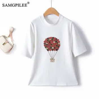 Осенняя новая модная женская футболка 2023 из воздушного хлопка с вышитым бисером рисунком воздушного шара в корейском стиле с коротким рукавом, милая женская футболка Оверсайз 1