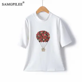 Осенняя новая модная женская футболка 2023 из воздушного хлопка с вышитым бисером рисунком воздушного шара в корейском стиле с коротким рукавом, милая женская футболка Оверсайз 4