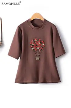 Осенняя новая модная женская футболка 2023 из воздушного хлопка с вышитым бисером рисунком воздушного шара в корейском стиле с коротким рукавом, милая женская футболка Оверсайз 5