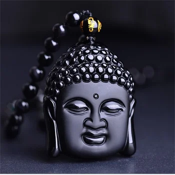 Ретро Натуральная Резная Голова китайского Будды из черного Обсидиана, Счастливый Кулон-Амулет, ожерелье для женщины, мужчины, Модные Подарочные украшения 0