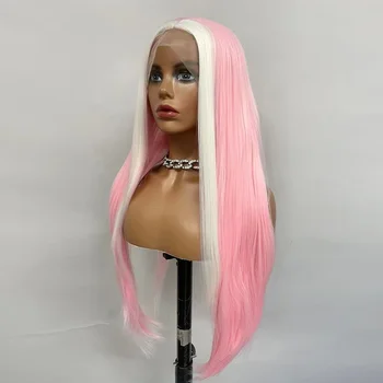 Розовый парик Синтетический Парик на кружеве Спереди, Белые Натуральные Прямые Парики для женщин, длинный парик для косплея из термостойкого волокна 0