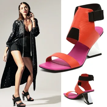 Сандалии в необычном стиле на высоком каблуке с квадратным носком, новый дизайн, модная женская обувь, Летние разноцветные туфли-лодочки