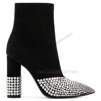Сапоги с острым носком, украшенные черным хрусталем, до середины икры, Женская обувь на молнии сбоку, на высоком массивном каблуке, Модная вечеринка 2023, Zapatos Para Mujere