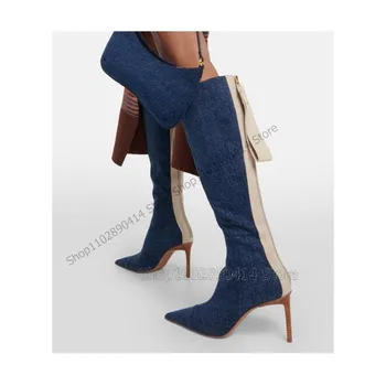Синие бежевые джинсовые Лоскутные ботинки с острым носком и боковой молнией, Женская обувь на тонком высоком каблуке, Пикантная вечеринка, Офис 2023, Zapatos Para Mujere 0