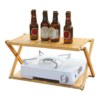 Складной стол для кемпинга, многофункциональная 2-слойная Деревянная полка для хранения, Походный стол, походная плита, Стеллаж для кухонных приправ, органайзер для приправ. 0