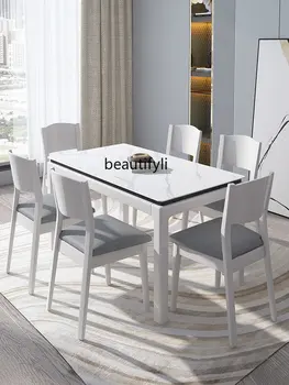 Современный минималистичный обеденный стол с каменной плитой и стул Для маленькой квартиры, кремово-белый прямоугольный обеденный стол из массива дерева 1