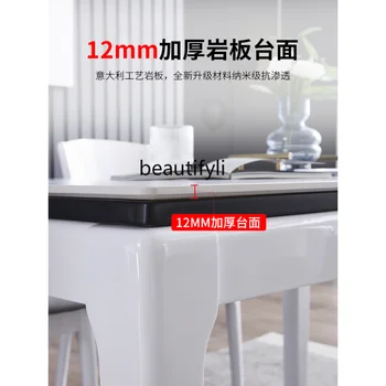 Современный минималистичный обеденный стол с каменной плитой и стул Для маленькой квартиры, кремово-белый прямоугольный обеденный стол из массива дерева 3
