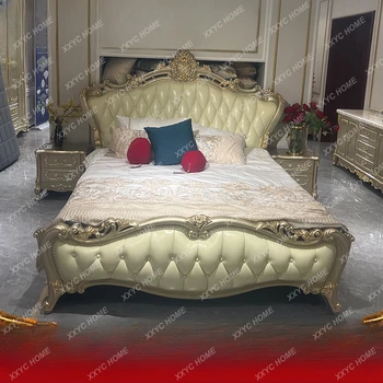 Спальня с Верхним Слоем Кожи в Европейском Стиле, Роскошная Мебель Для Виллы, Резная Двуспальная Кровать Из Массива Дерева, Свадебная Кровать Принцессы