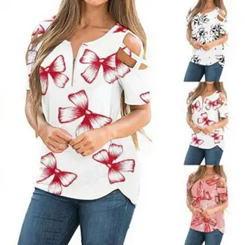 Стильная блузка, повседневная футболка с цветочным принтом, свободная блузка с коротким рукавом
