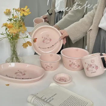 Торт в корейском стиле Ins, серия Rabbit Pink Набор посуды Чаша Тарелка Молочно-белая Креативная Высококачественная Керамическая Посуда для дома 0