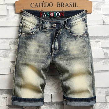 Уличная одежда, мужские джинсовые шорты в стиле Ретро, летняя новинка 2023, модные короткие джинсы-бермуды в стиле хип-хоп, мужские брюки-стрейч