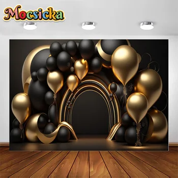 Фон для фотосъемки Элегантная арка из воздушных шаров с черными и золотыми надувными шарами Фон для торта Детская фотобудка для портретов